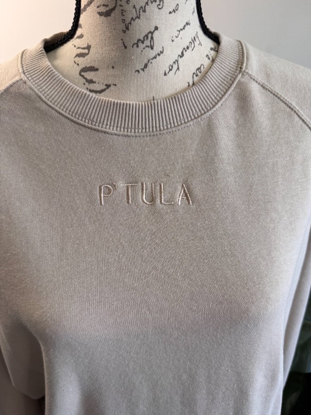 Ptula Beige Crewneck Sweatshirt Minimal Logo Athleisure Lounge Pullover Size L